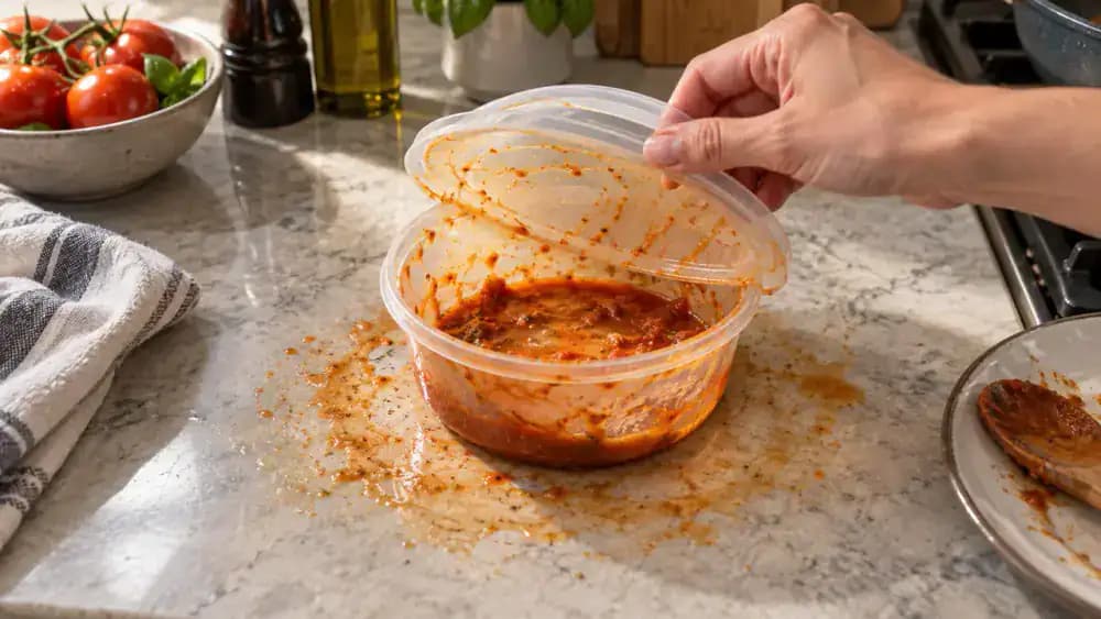 Overhead close-up of a hand tilting a transparent plastic food container to reveal orange tomato sauce stains and a greasy film, with the removed lid and its narrow sealing groove visible on a clean kitchen countertop.
