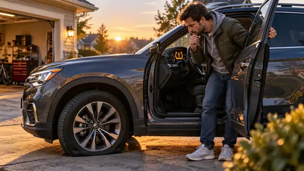 Driver standing beside the front wheel of a modern SUV in an American driveway at sunrise, looking through the open driver's door at the dashboard's low tire pressure warning.