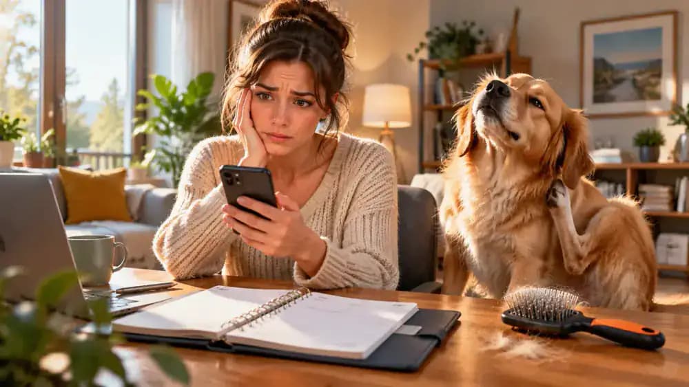 Dog scratching beside a grooming brush as its owner prepares a planner, folder, and phone note for tracking parasite prevention.