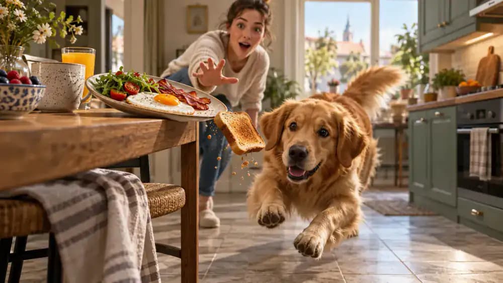 A dog approaching a piece of toast falling from a plate onto the floor in a breakfast kitchen.