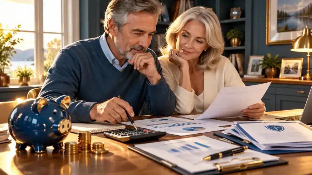 Retirement savings jar beside insurance contract documents and a calculator.