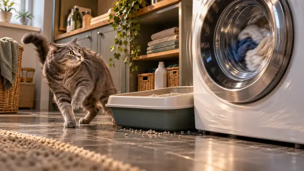 Startled cat retreating from a litter box beside an active washing machine and dryer in a laundry room with a swinging utility door.