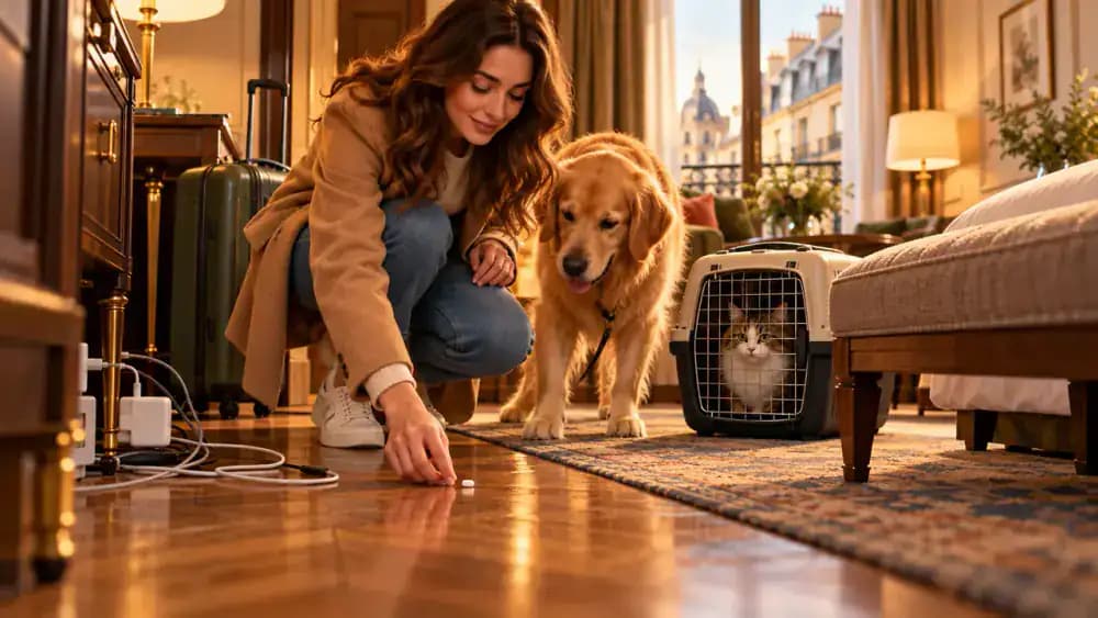 Pet owner checking beneath hotel furniture, bundling a loose charging cable, retrieving a small tablet, and securing cleaning supplies and a bathroom trash bin.