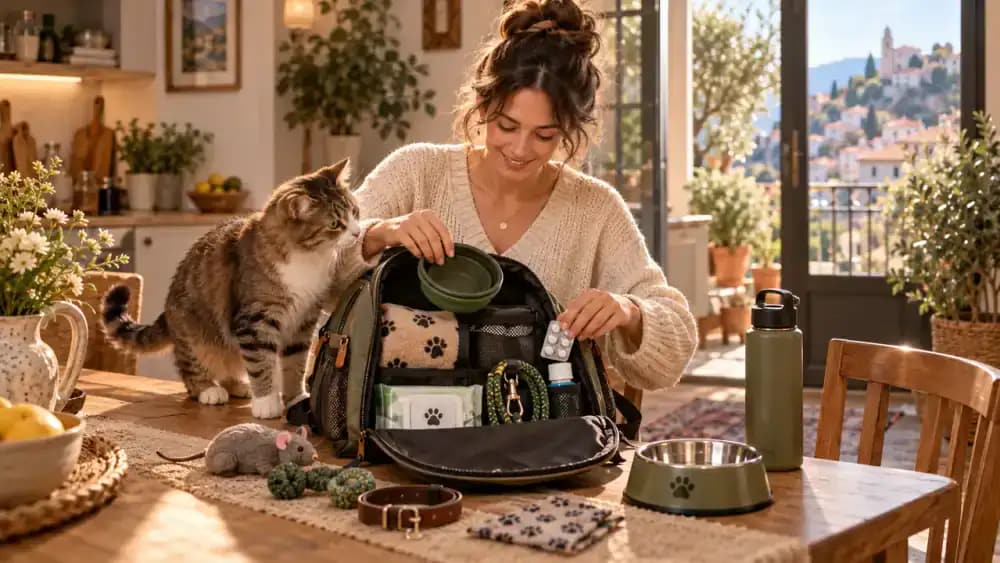 Pet travel backpack being packed with bowls, leash, wipes and medication while a cat watches