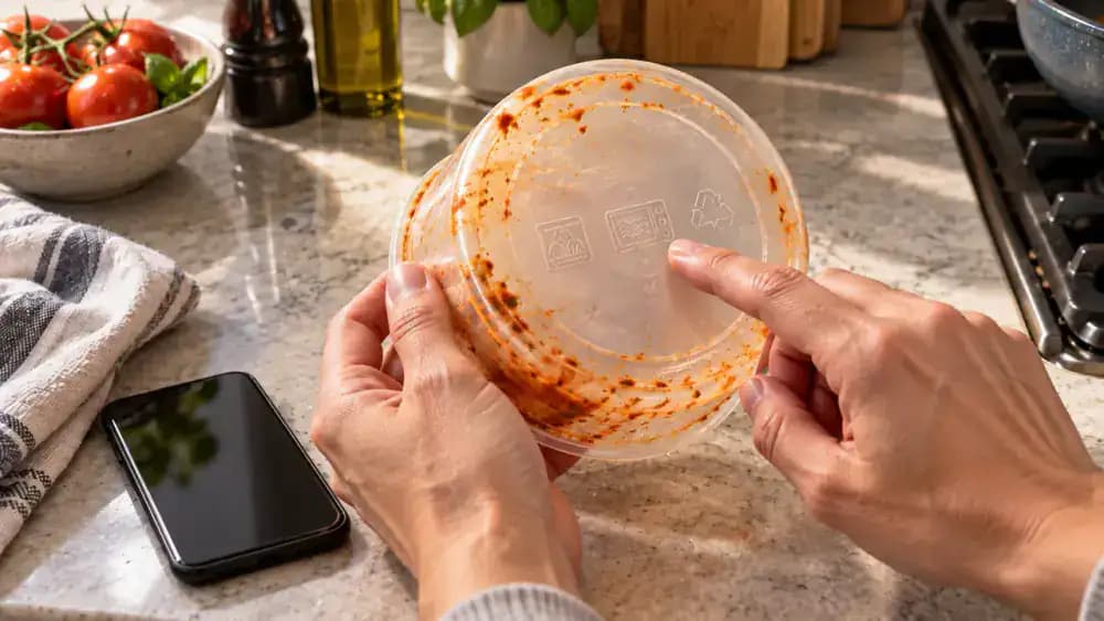 Close-up side view of hands holding an upside-down plastic food storage container on a bright kitchen counter, showing molded dishwasher-safe symbols and manufacturer markings on the base. A smartphone displays care instructions beside the container, with its lid standing upright in the background.
