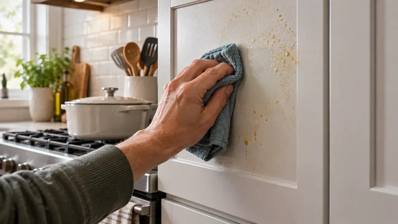 Hand gently cleaning one greasy section of a painted kitchen cabinet beside the stove with a lightly dampened microfiber cloth using overlapping strokes.