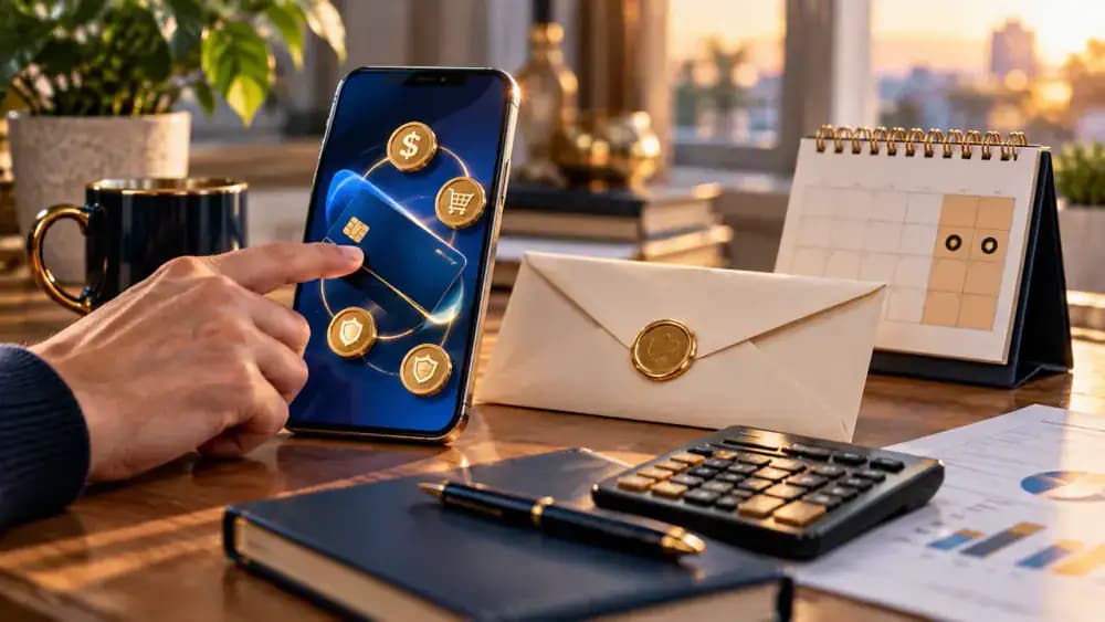 Smartphone payment screen, sealed envelope, and calendar representing electronic and mailed payments.