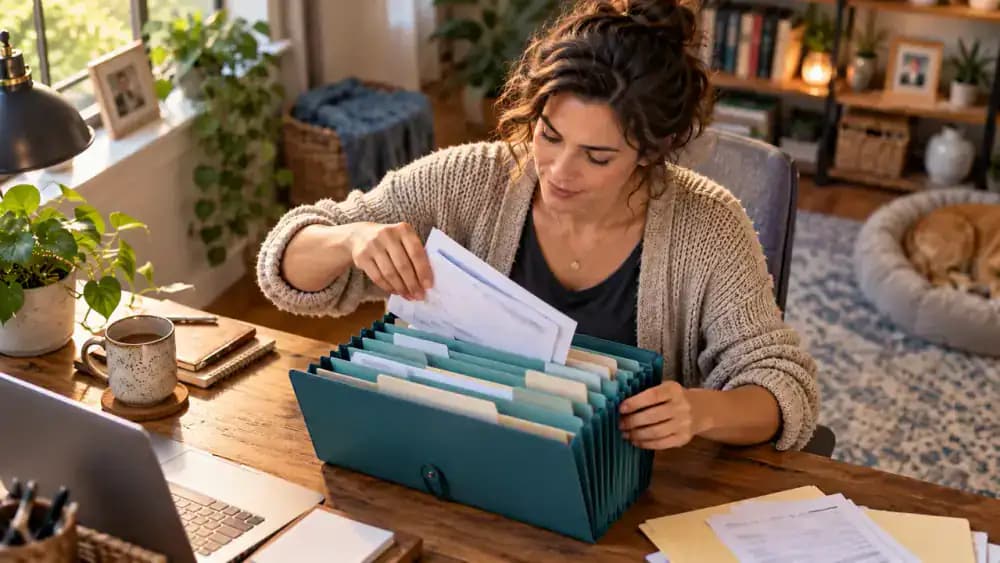 Adult patient arranging fictional medical documents in a teal accordion folder labeled Specialist Appointment Packet, with dividers for Appointment Details, Medical Records, Medication List, Questions, and Contacts.
