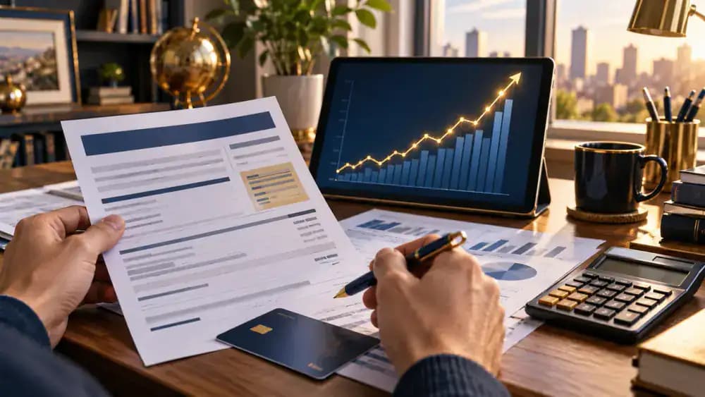 Credit card statement beside a rising interest graphic