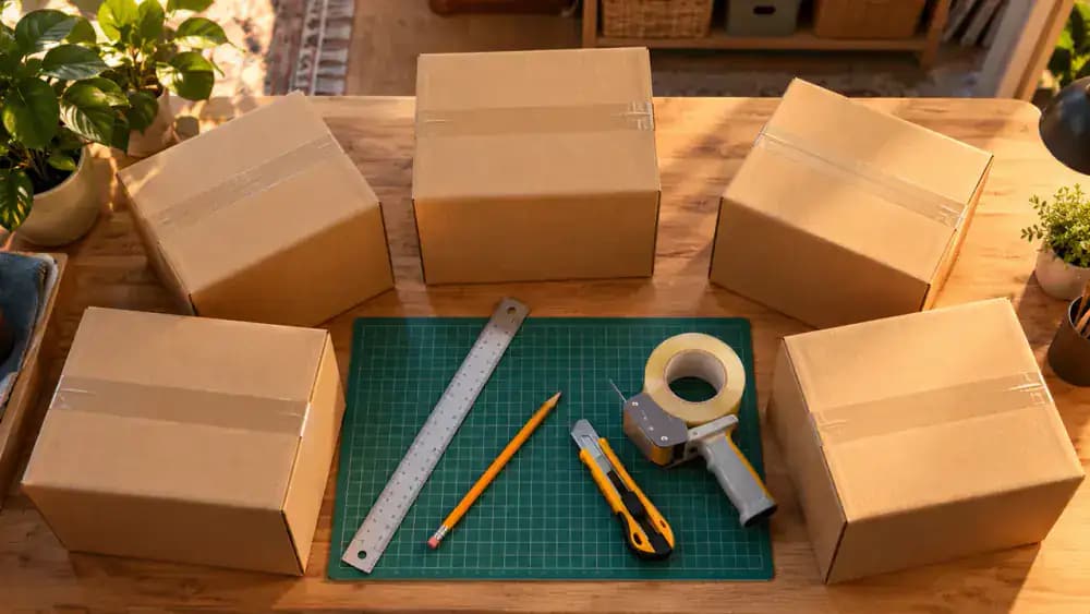 Overhead view of five cardboard boxes, ruler, pencil, cutting mat, utility knife, and fastening tape, with an adult removing packaging staples.