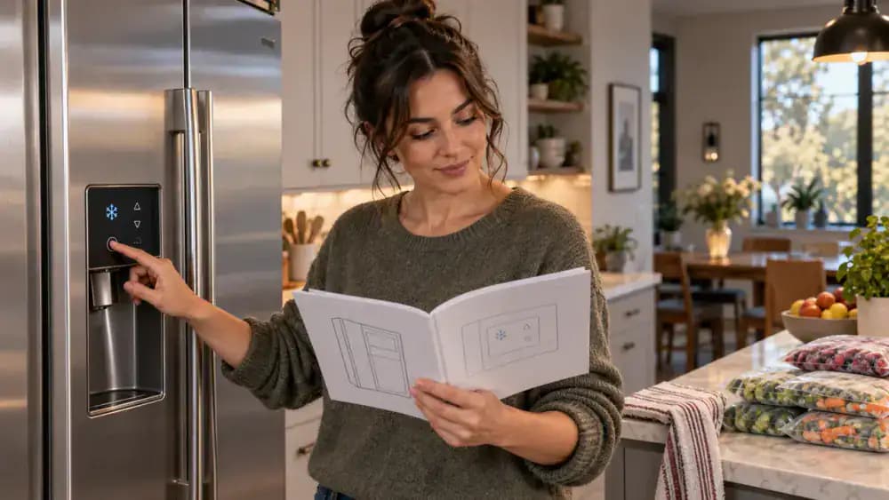 Homeowner checking a freezer manual and adjusting appliance settings before starting freezer cleaning