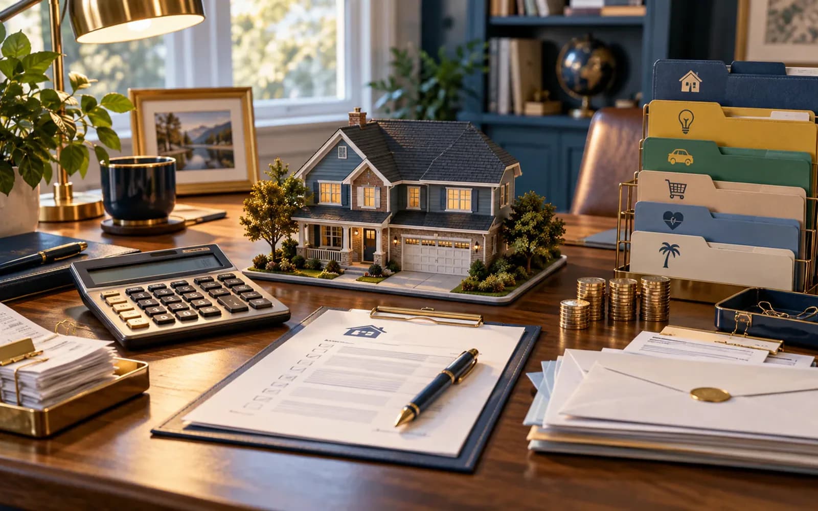 Mortgage payment components arranged around a model house