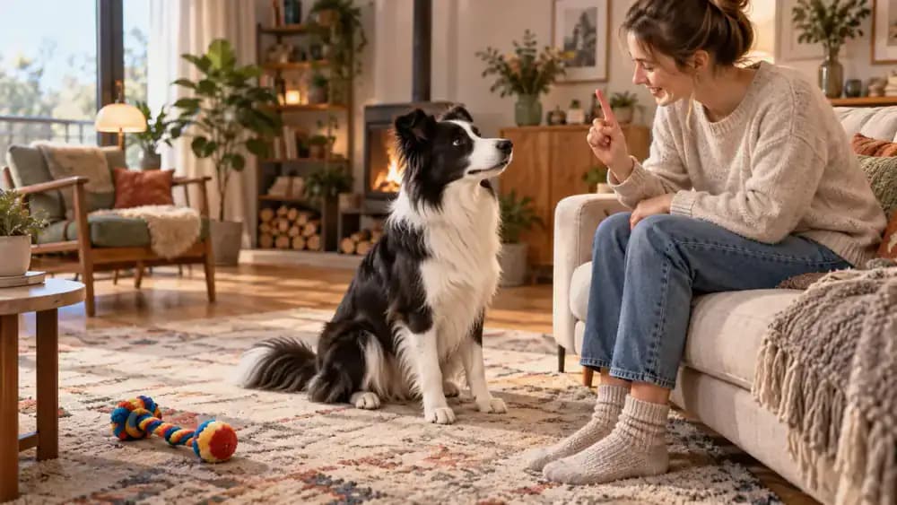 A dog in a quiet living room turning away from a toy to look attentively at its owner.