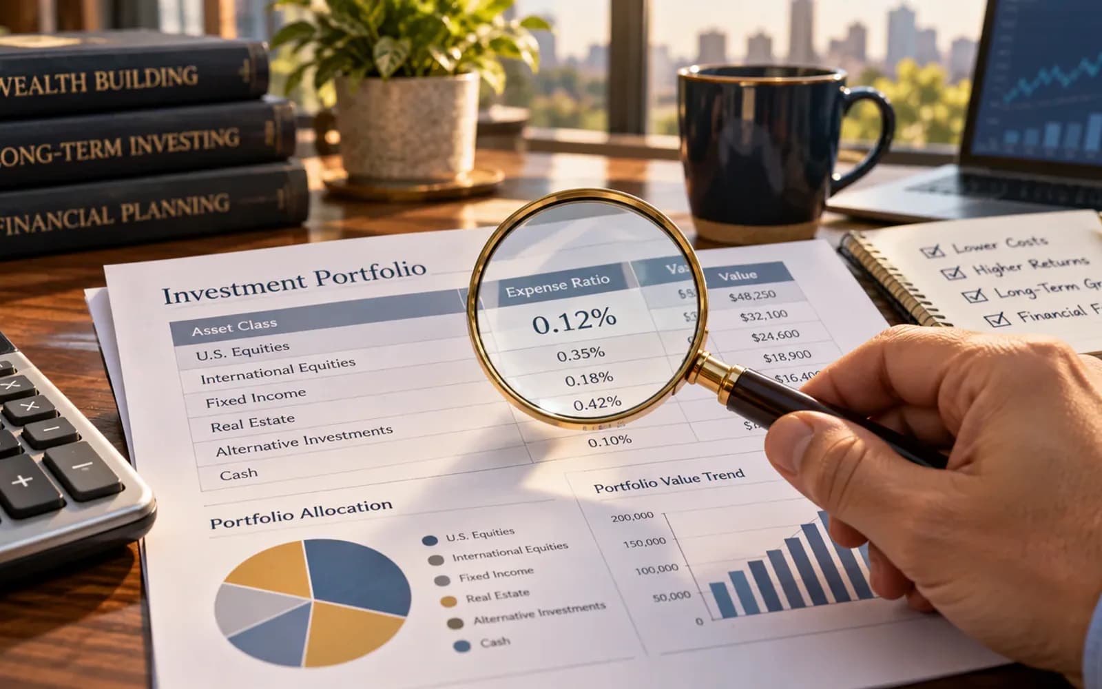 Magnifying glass revealing hidden investment costs in a portfolio statement