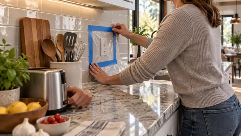 Hands clearing a toaster, utensil crock, cutting board, and uncovered food from a kitchen counter beneath a backsplash while covering a fixed item with a clean towel.