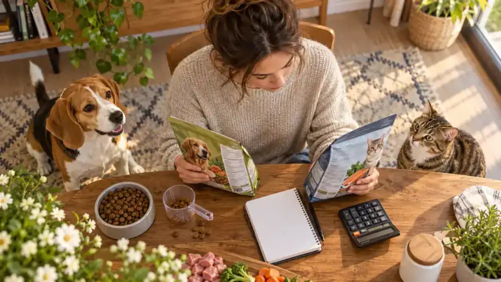 An adult compares dog and cat food packaging with veterinary feeding recommendations and handwritten notes about age and activity levels. A healthy Beagle rests beside the wooden table while a tabby cat watches from a nearby chair.