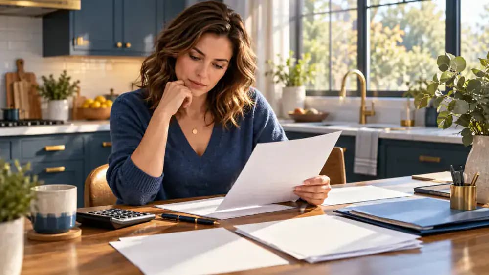 Thoughtful homeowner reviewing several financial documents at a sunlit kitchen table.