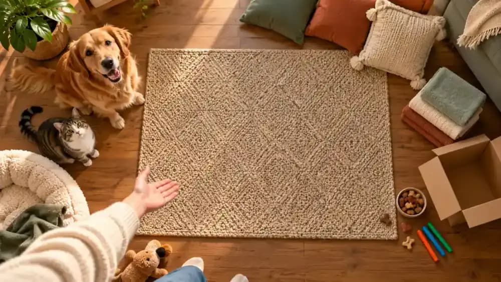 Cushions, rolled towels, plastic markers, a cardboard box, and a treat pouch arranged on the floor as the owner clears hazards and prepares a non-slip rug.
