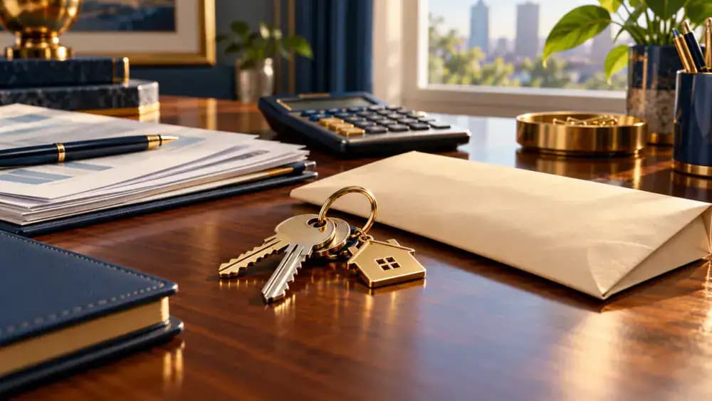 Apartment keys resting beside an envelope containing money on a wooden desk.