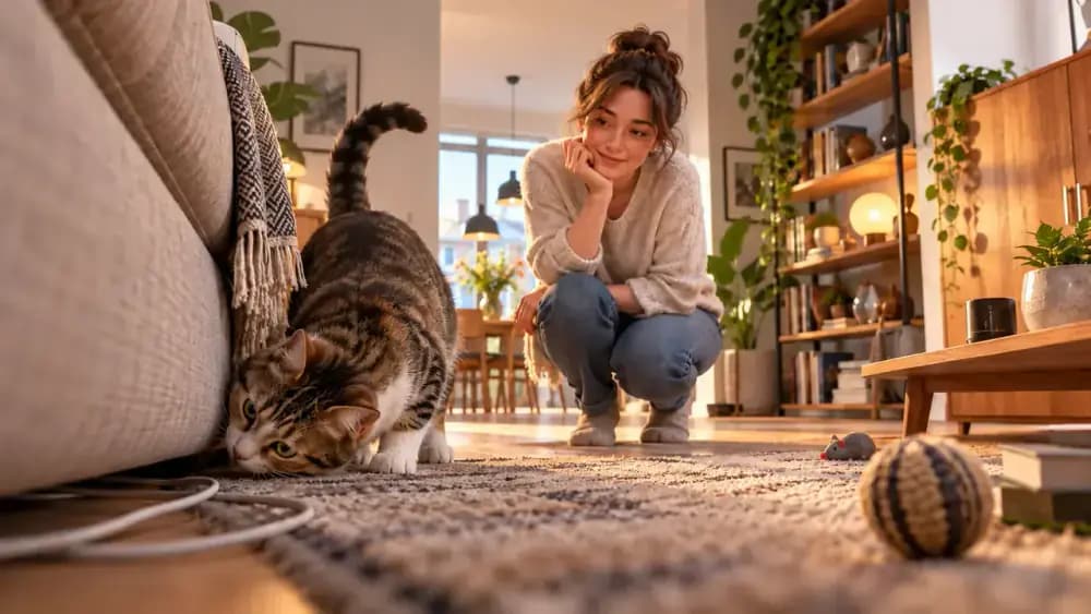 Cat waiting safely behind an interior gate while an owner receives a package at the front entrance