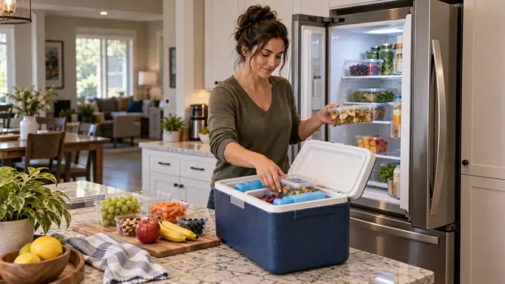 Person removing food containers and packages from one refrigerator shelf section while placing selected perishable items into a cooler with ice packs