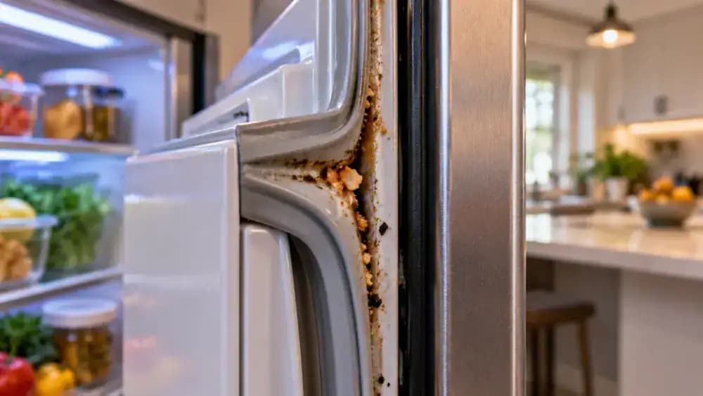 Side view of a refrigerator door gasket meeting the cabinet frame, with dried food residue obstructing contact and separate close-ups showing torn and deformed rubber.