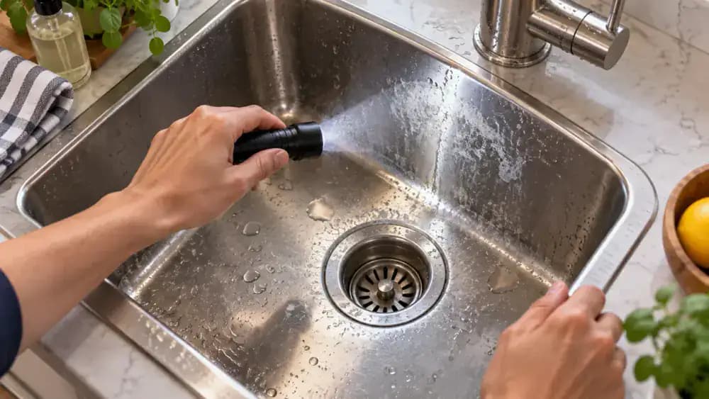 Overhead view of a homeowner using a small flashlight to inspect white hard water spots on a stainless steel kitchen sink, revealing mineral dots along the basin walls, cloudy patches near the faucet, and a chalky ring around the drain.