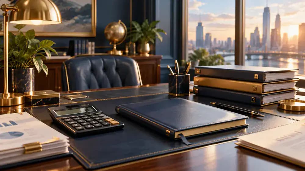 A professional banking desk holding a calculator, ledger, and organized financial folders.