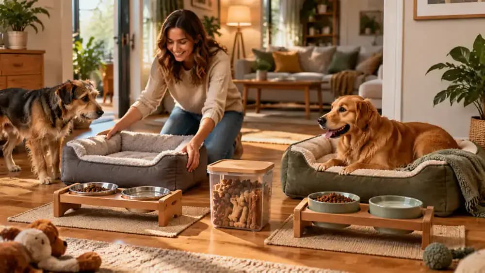 Owner preparing separate dog beds, individual water bowls, feeding stations behind a pet gate, and a storage container for a favorite chew.