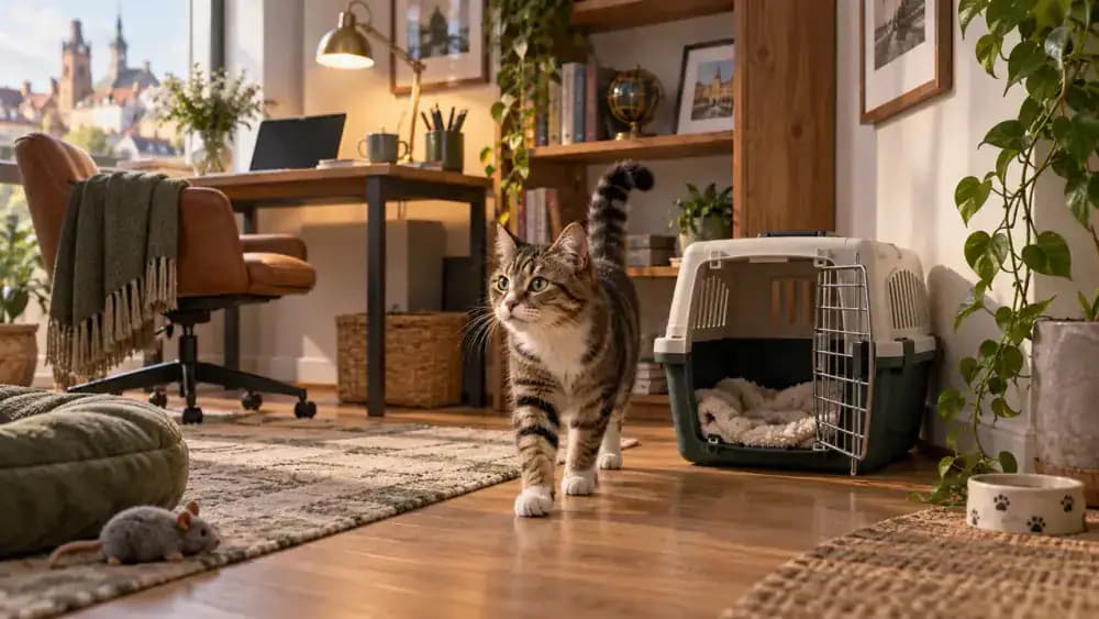 Open cat carrier resting safely against a wall in a quiet home office