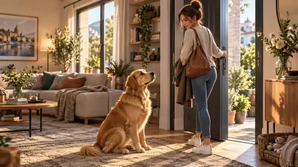 Bailey follows closely beside Emma as she walks from the kitchen toward a coat rack, leaving his rubber toy on the apartment floor.