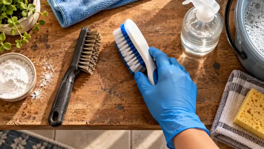 Overhead view of a ceramic tile demonstration board with stained cement grout, showing blue-gloved hands comparing a stiff wire brush and a soft white nylon grout brush before gently brushing a grout line.