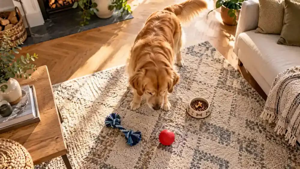 Red rubber ball, blue braided rope toy, and small bowl of treats arranged on a rug in a tidy training area.