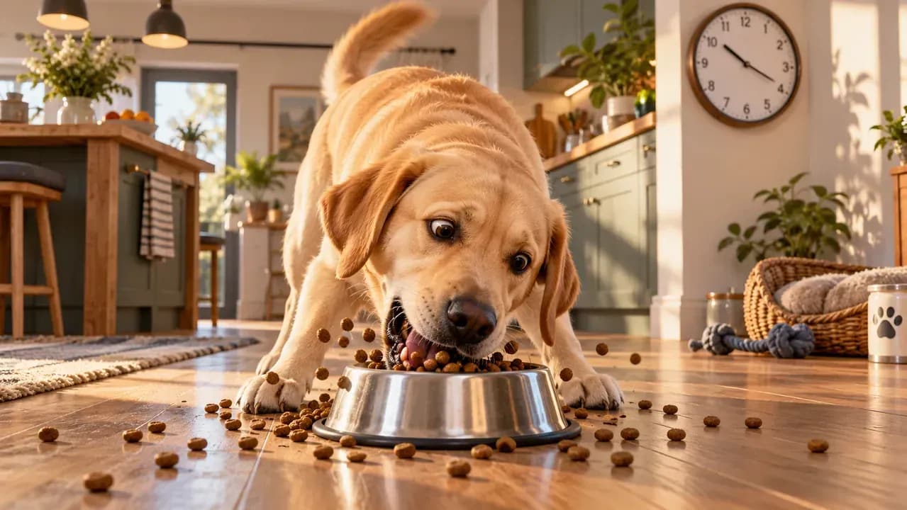 Food-motivated dogs and puppies eating in different household feeding situations