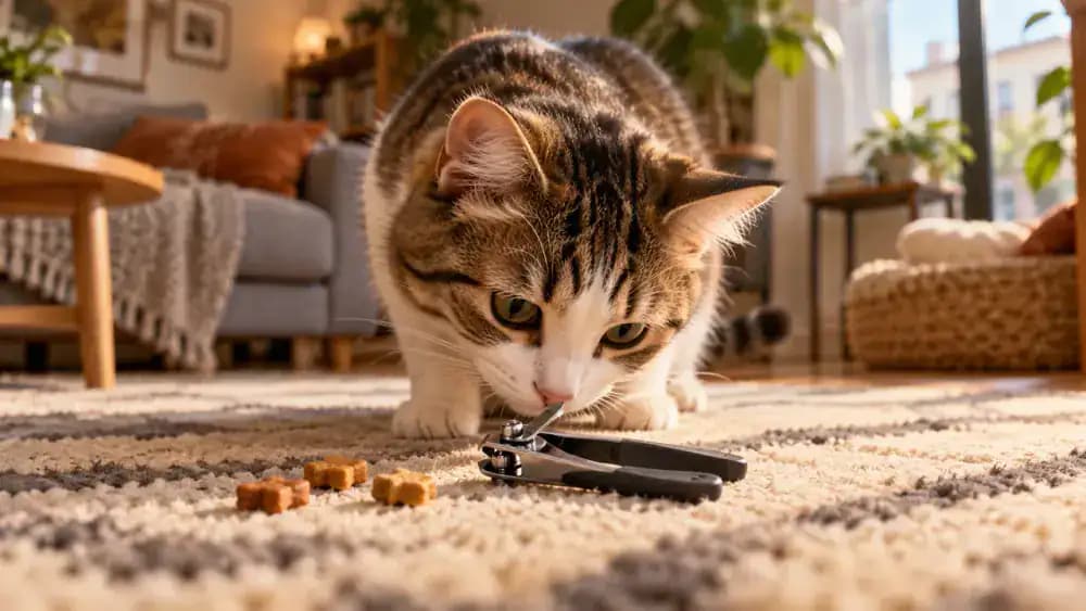 Relaxed cat sniffing closed nail clippers on a soft rug while its seated owner offers small treats in a bright, quiet room.