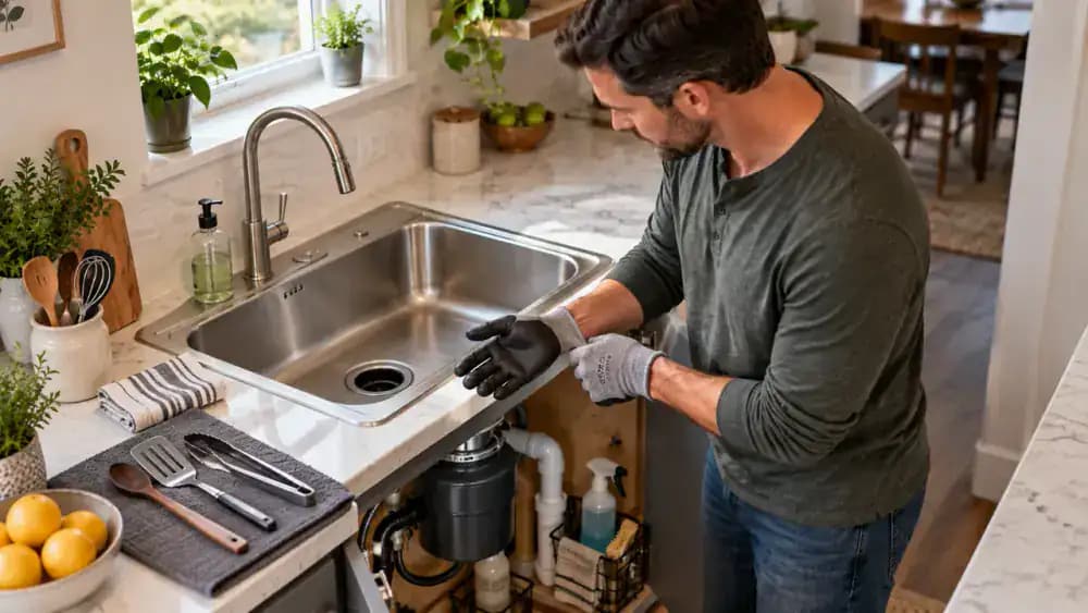 Overhead view of a homeowner clearing a sink basin, putting on cleaning gloves, and checking that a powered-off garbage disposal remains silent while keeping both hands above the disposal opening.