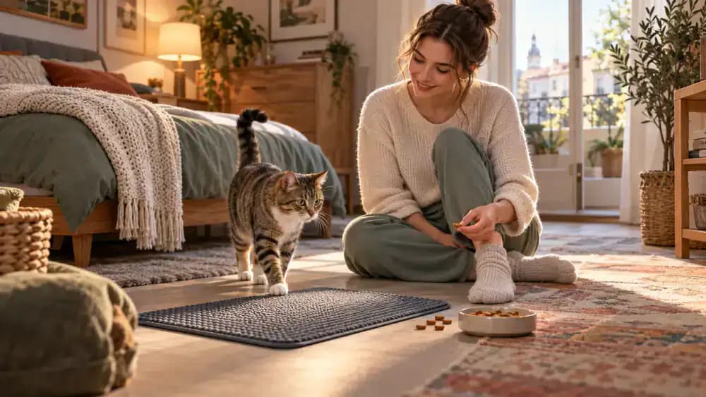 Tabby cat approaching its seated owner beside a nonslip mat and treats in a quiet bedroom