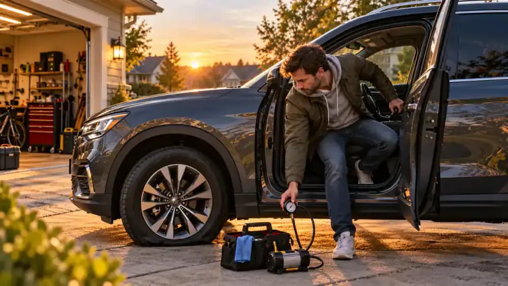 Modern SUV parked on level pavement in a suburban driveway while the driver sets the parking brake and prepares a handheld tire pressure gauge and portable air compressor on a nearby workbench.