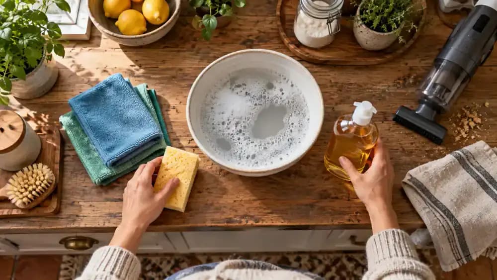 Hands arranging two folded microfiber cloths, a soft nonabrasive sponge, mild dish soap, a clear bowl of warm water, a folded cotton drying towel, and a compact vacuum with a crevice attachment on a clean kitchen countertop beside an open, stocked pantry.