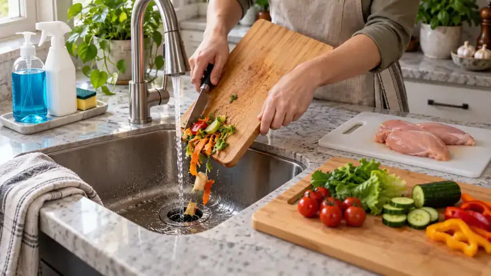 Hands scraping food scraps from a used cutting board into a trash bin while a raw-meat cutting board is kept separate from a ready-to-eat food board near a kitchen sink