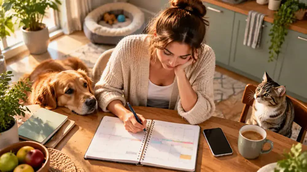 Pet adopter reviews a weekly planner and work calendar beside reminders for dog walks, cat water changes, and litter box cleaning.