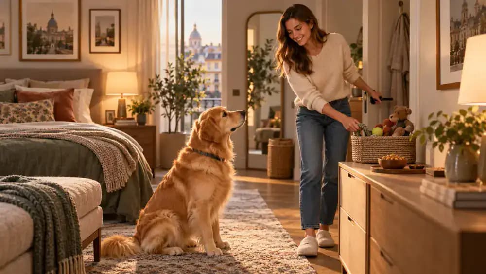 Dog owner putting toys into a basket and preparing training treats in a quiet bedroom