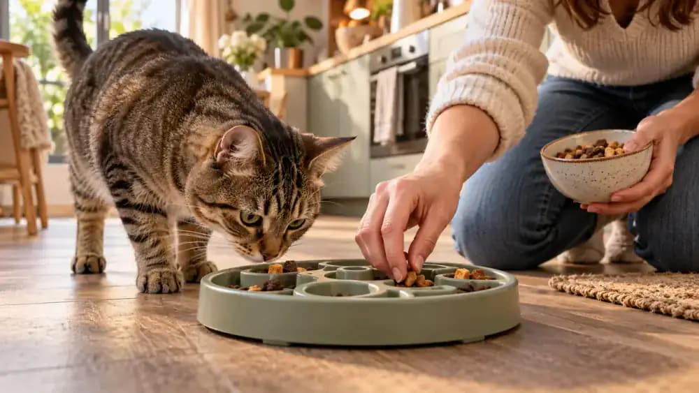 Cat investigating a puzzle tray filled with familiar kibble and treats