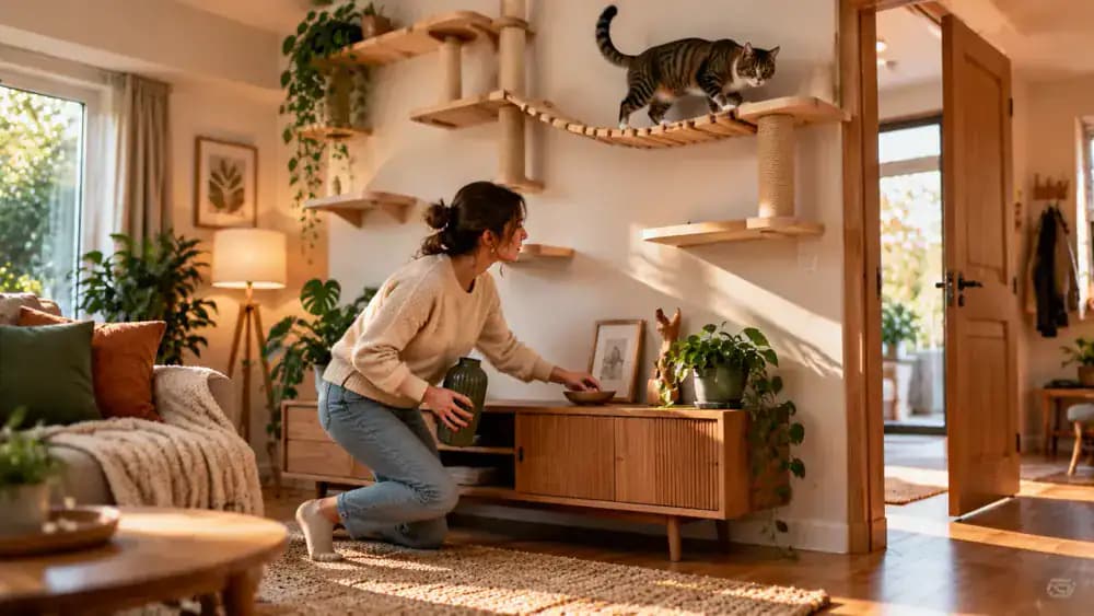 Cat owner checking door clearance, selecting a quiet living room wall, moving a fragile vase, and clearing hard objects beneath the planned climbing area.
