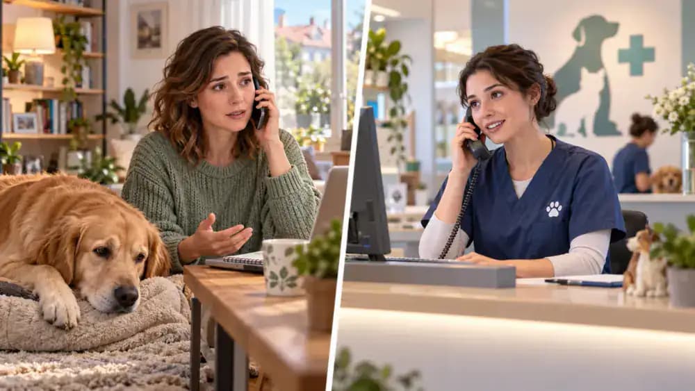 Pet owner calling a veterinary receptionist with a notebook showing the pet's age and appointment reason