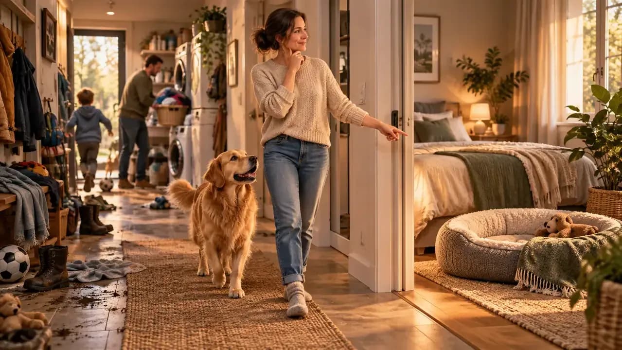 Owner comparing several home locations before choosing a quiet bedroom corner for a dog