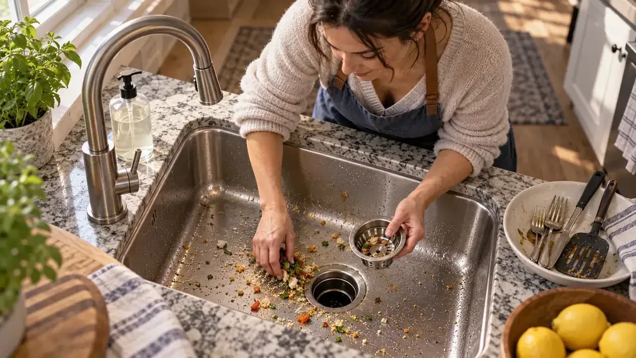 Overhead view of an adult homeowner removing utensils and a sink strainer, wiping up food scraps with a soft cloth, and rinsing crumbs from a stainless steel sink.