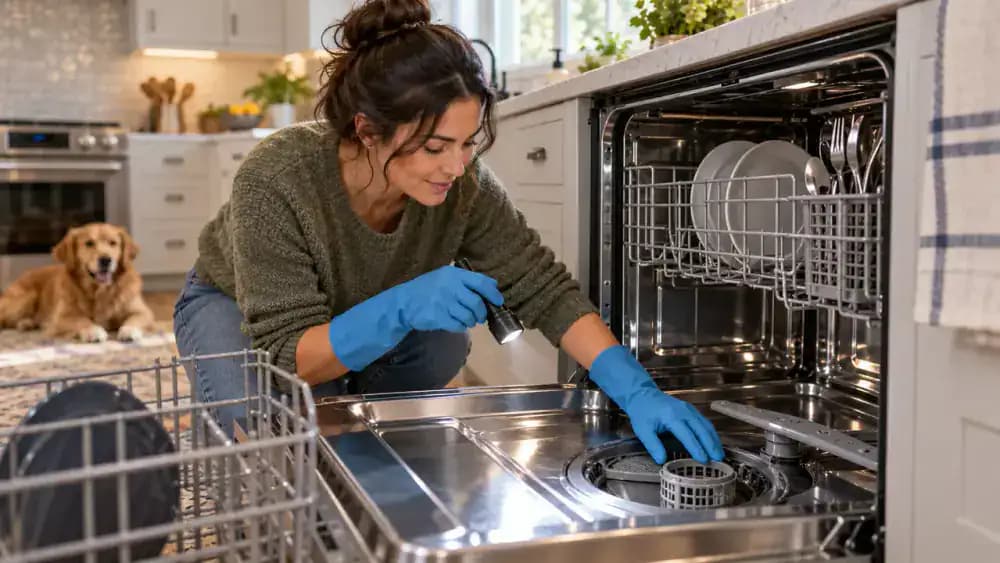 Adult wearing protective gloves holds a dishwasher owner manual and shines a flashlight into the sump area to check for broken glass and sharp debris before reaching toward the filter.