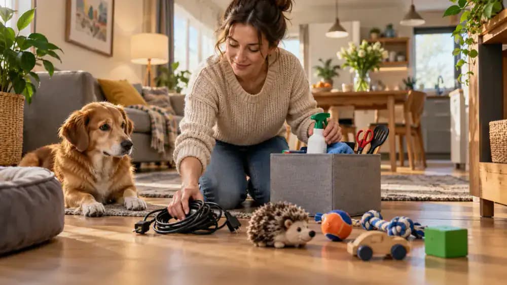 Person removing cables, small objects, and cleaning products from floor level