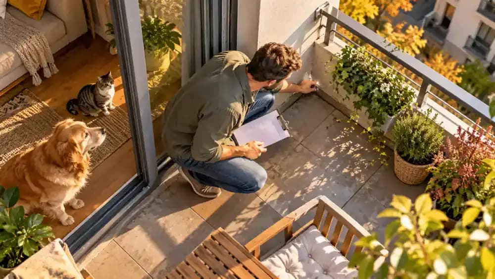 Overhead view of an empty apartment balcony as an owner inspects railing connections, corners, floor edges, and the doorway while recording observations on a clipboard.